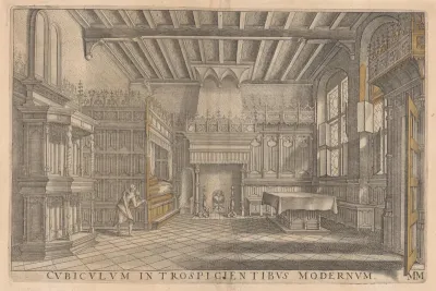 Interieur met bed, schouw en tafel