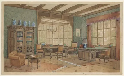 Interieur met boekenkast in renaissance-stijl