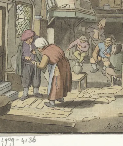 Interieur met boeren bij een haard