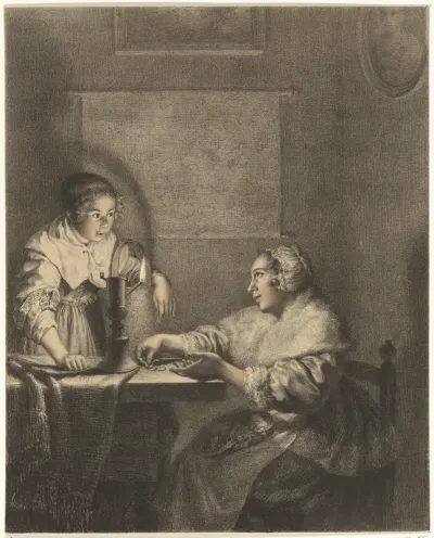 Interieur met dame en dienstmeid bij kaarslicht