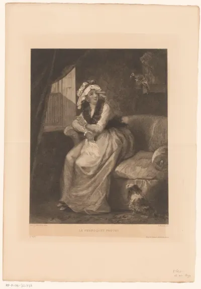 Interieur met dame, papegaai en hond