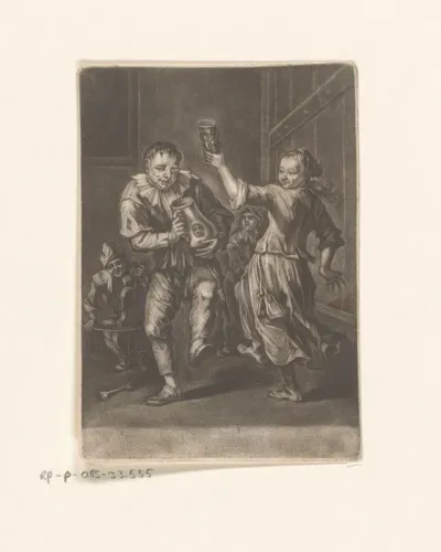 Interieur met dansende en drinkende man en vrouw