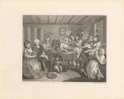 Interieur met dertien figuren rondom de grafkist van Moll Hackabout