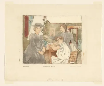 Interieur met drie figuren bij een tafel