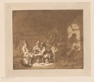 Interieur met drie mannen aan een tafel