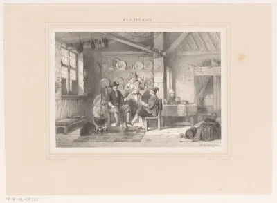 Interieur met drie mannen bij een haard