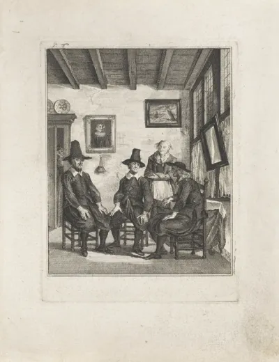Interieur met drie mannen en een dienstmeid