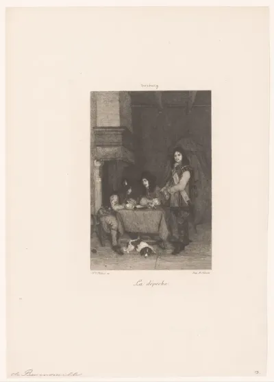 Interieur met drie mannen rond een tafel