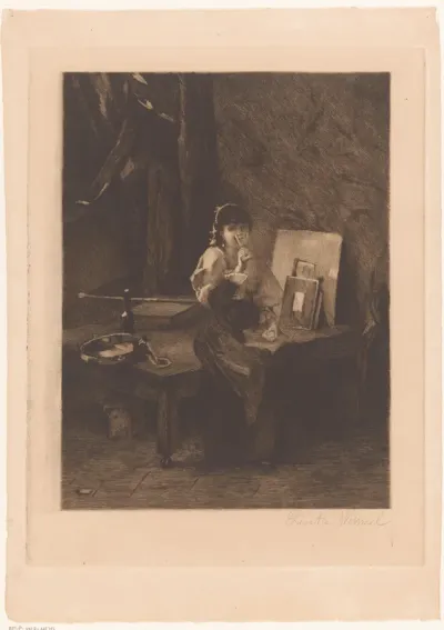 Interieur met drinkende jonge vrouw