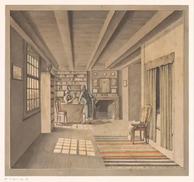 Interieur met een boekverkoper