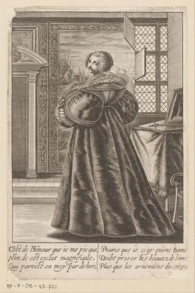 Interieur met een dame staand voor een kaptafel