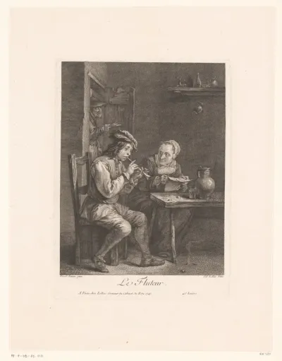 Interieur met een fluitspeler en een oude vrouw aan een tafel