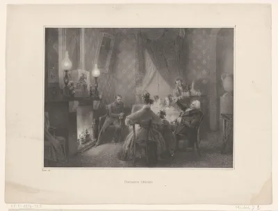 Interieur met een gezin gezeten voor het haardvuur