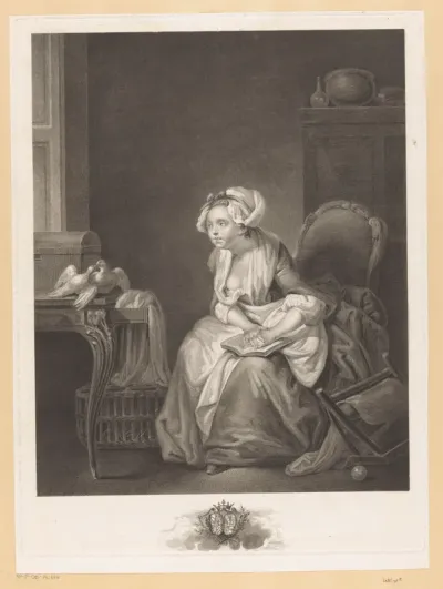 Interieur met een jonge vrouw, zittend op een stoel, kijkend naar twee duiven op een bureau