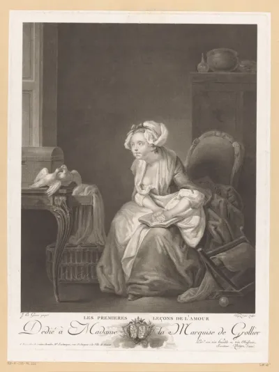 Interieur met een jonge vrouw, zittend op een stoel, kijkend naar twee duiven op een bureau