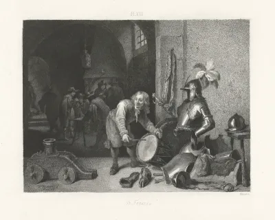Interieur met een jongen die op een trom slaat