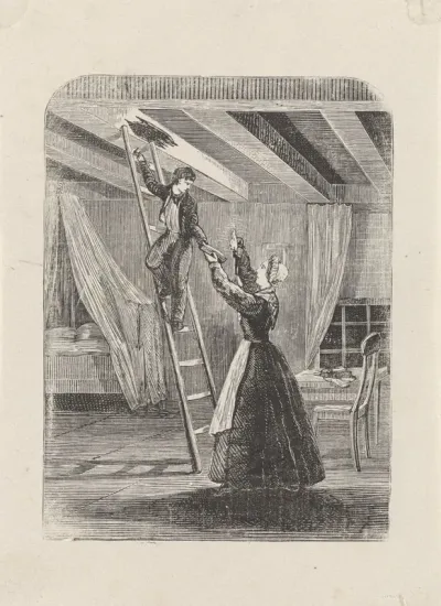 Interieur met een jongen staande op een ladder om voor een vrouw een object uit het plafond te halen