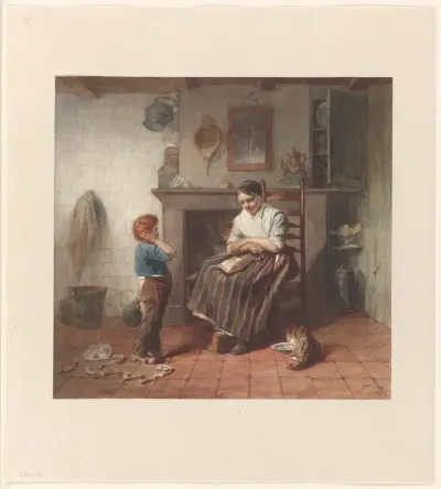 Interieur met een jongetje, een vlieger en een vrouw