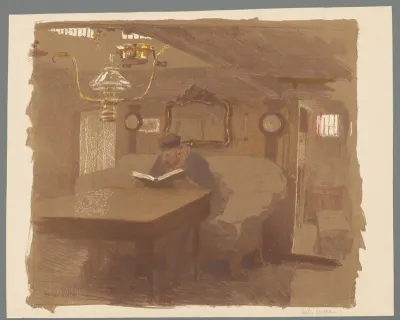 Interieur met een lezende man aan tafel