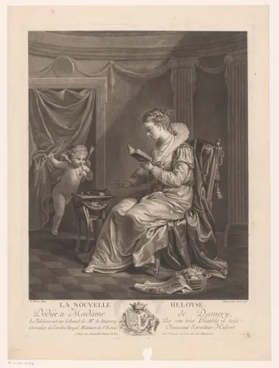 Interieur met een lezende vrouw, bezocht door Amor