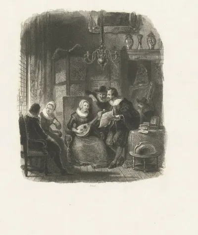 Interieur met een luitspelende vrouw