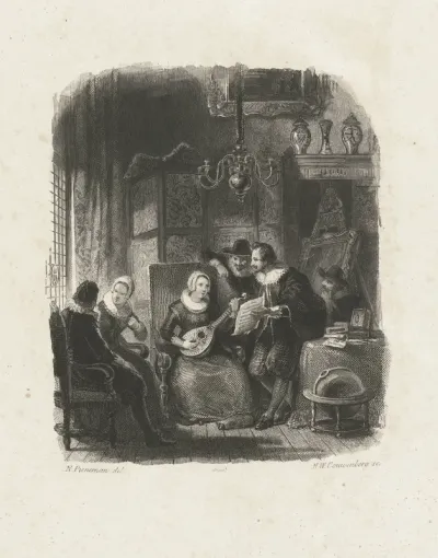 Interieur met een luitspelende vrouw