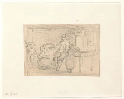 Interieur met een man aan een tafel, een wieg en een meisje