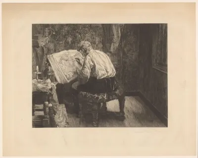 Interieur met een man die een boek met landkaart bestudeert