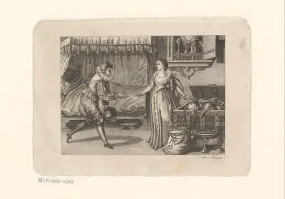 Interieur met een man die een vrouw groet naast een kist met geld