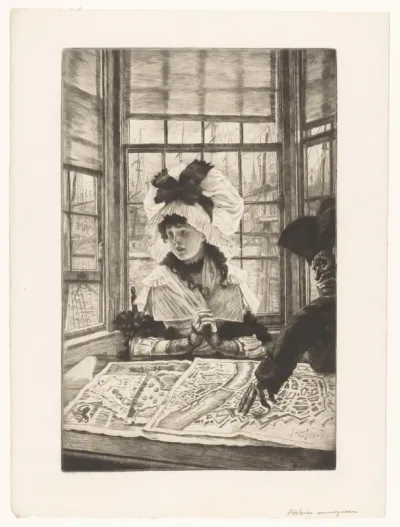 Interieur met een man en een vrouw zittend aan een tafel met landkaarten