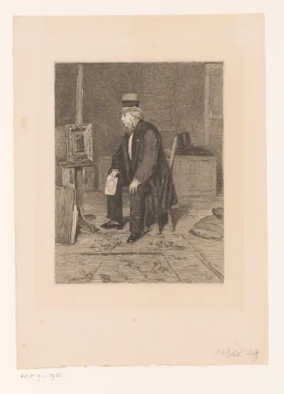 Interieur met een man met hoge hoed die een schilderij bekijkt