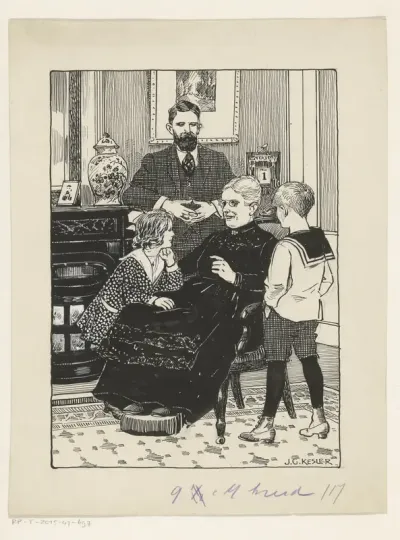 Interieur met een man, twee kinderen en oude vrouw