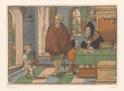 Interieur met een oude man, jongeman en kind met een stokpaard