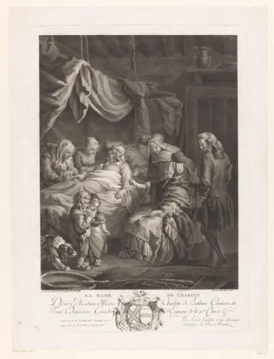 Interieur met een oude man liggend in bed, omgeven door verscheidene figuren