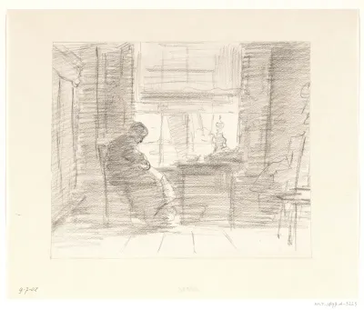 Interieur met een oude vrouw bij een venster