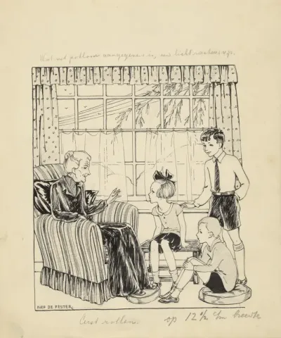 Interieur met een oude vrouw en drie kinderen