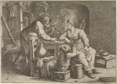 Interieur met een rokende boer, een vrouw en een jongen