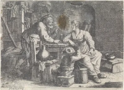 Interieur met een rokende boer, een vrouw en een jongen