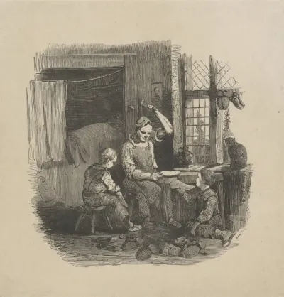 Interieur met een schoenmaker en twee jongens aan het werk