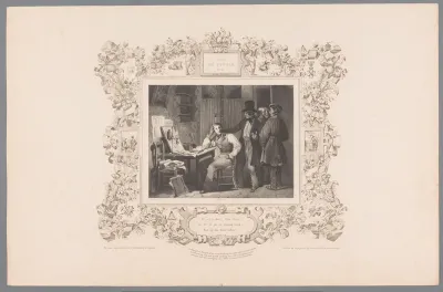 Interieur met een studerende jongeman en drie mannen die op het punt staan te vertrekken
