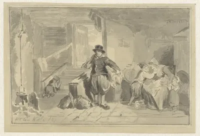 Interieur met een vissersgezin