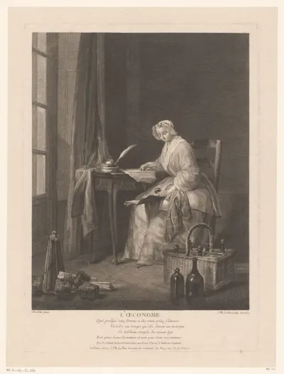 Interieur met een vrouw aan de boekhouding