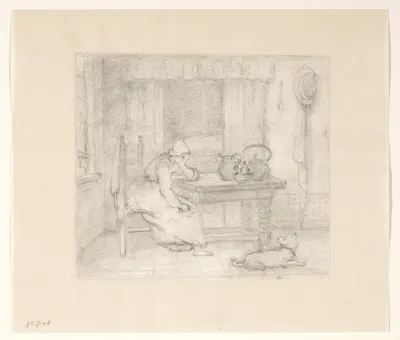 Interieur met een vrouw aan een tafel