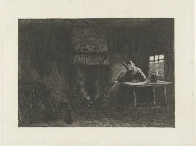 Interieur met een vrouw bij de openhaard