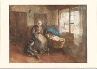 Interieur met een vrouw bij een wieg en een jongetje op de grond