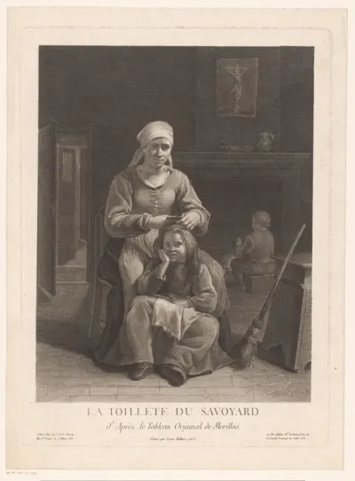 Interieur met een vrouw de haren van een meisje kammend