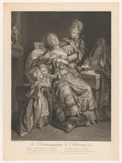 Interieur met een vrouw die een brief leest, zittend voor haar toilettafel met drie overige figuren