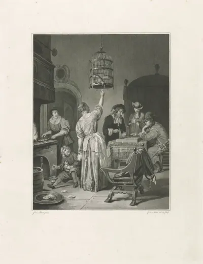Interieur met een vrouw, die een papegaai voert