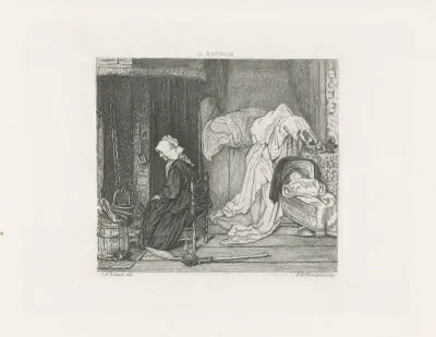 Interieur met een vrouw en een kind in een wieg