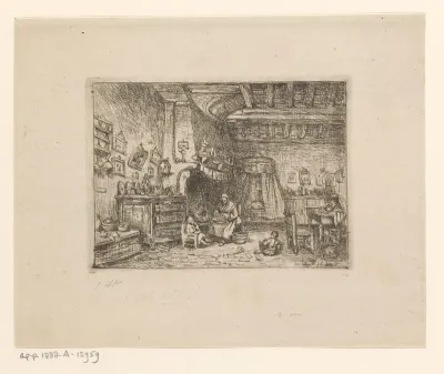 Interieur met een vrouw en twee kinderen